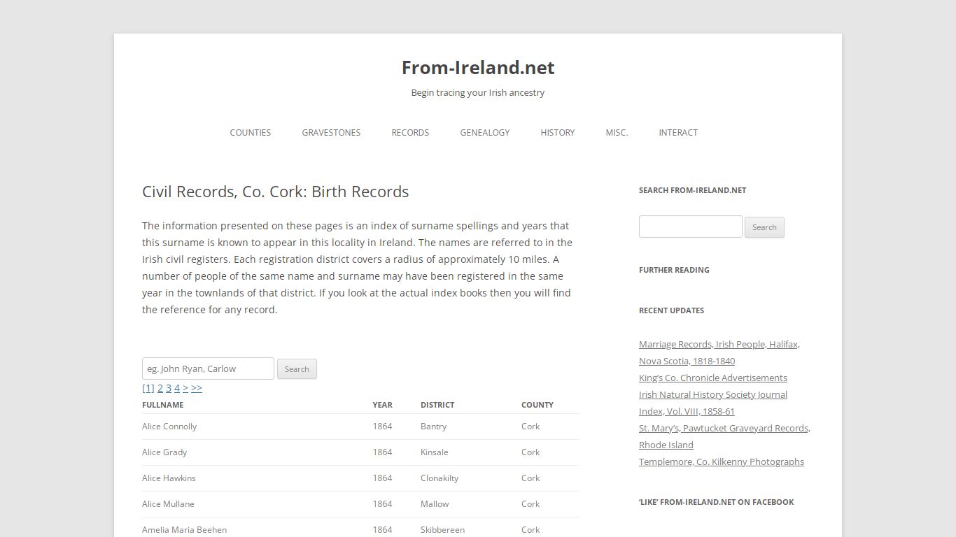 Civil Records, Co. Cork: Birth Records - From-Ireland.net